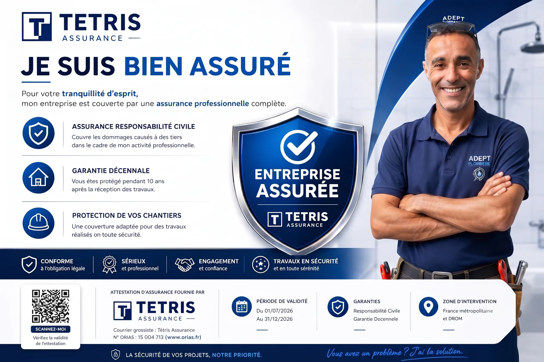 Attestation d'assurance professionnelle d'ADEPT PLOMBERIE : responsabilité civile, garantie décennale et protection des chantiers, fournie par Tétris Assurance
