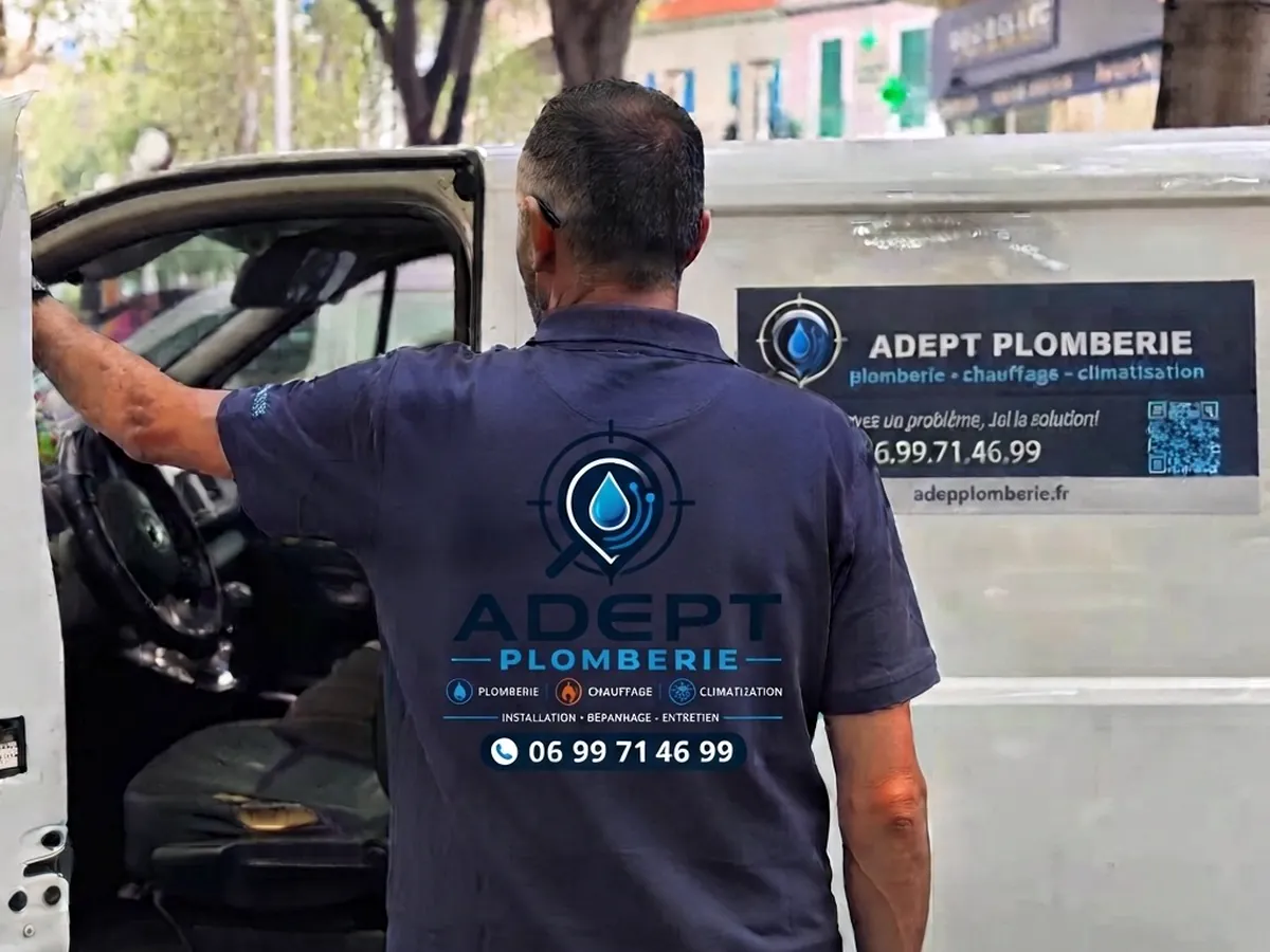 Fouad, artisan plombier ADEPT PLOMBERIE, en tenue floquée devant son camion d'intervention à Six-Fours-les-Plages